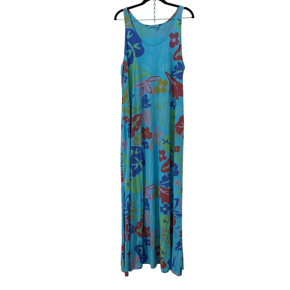 Fresh Produce Blue Floral Maxi Dress XL Sleeveless Pockets Made in USA Vacation